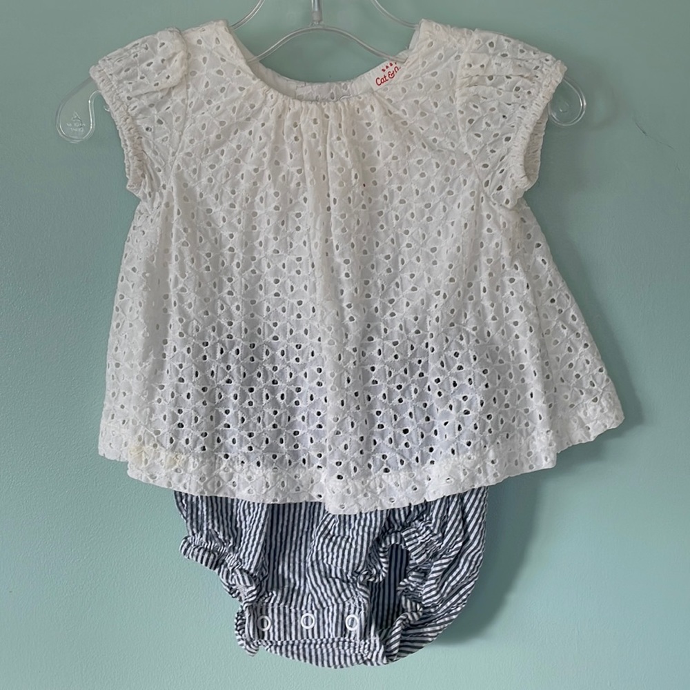 Cat & Jack one piece summer outfit, white eyelet top w shorts, size 0 - 3 months